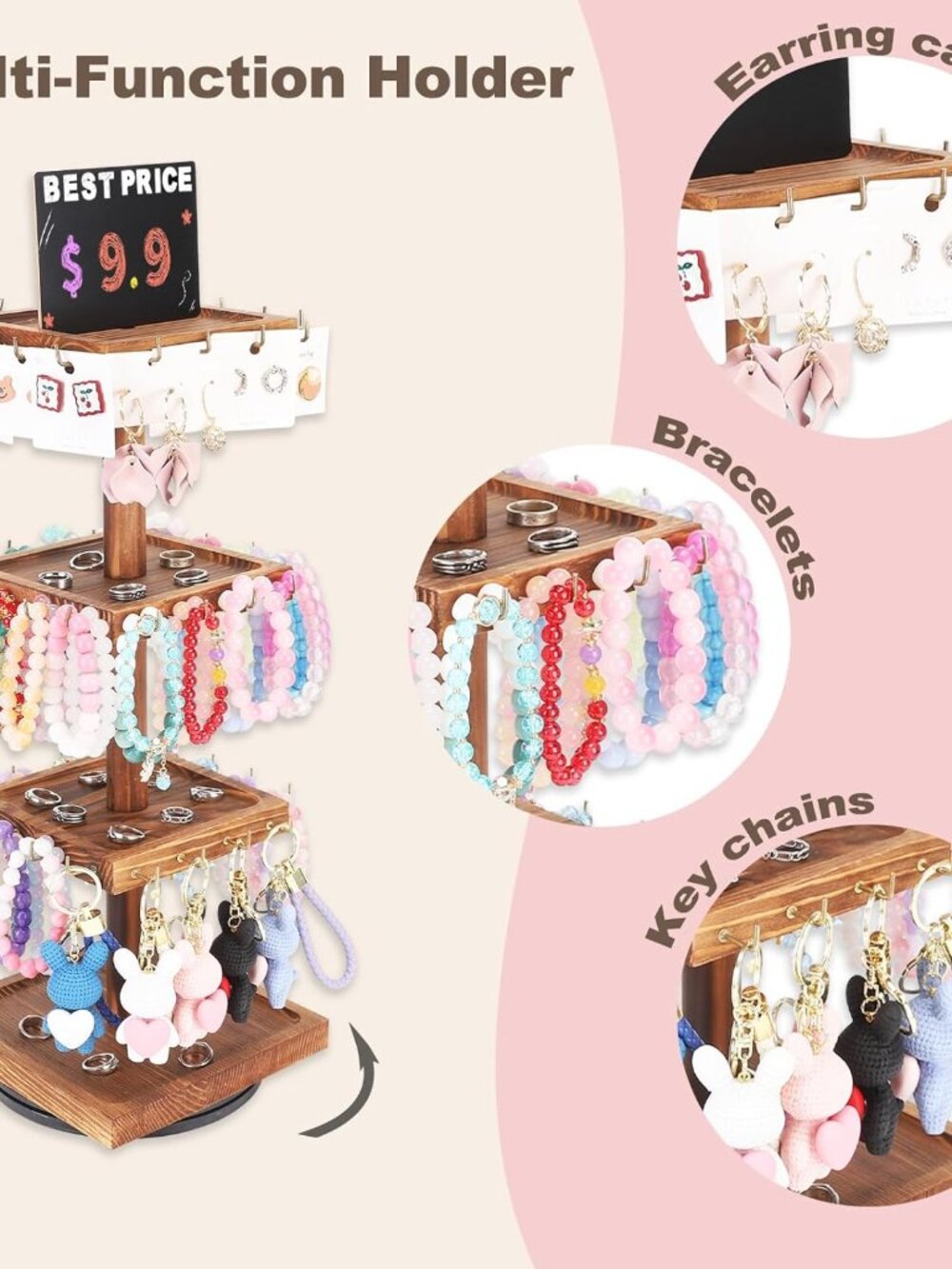 Rotating Wooden Jewelry Organizer With Large Capacity & Trays View 6